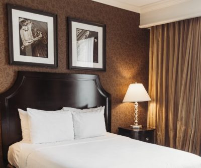 Cozy hotel room featuring a queen bed, decorative wall art, elegant curtains, and ambient bedside lamp.
